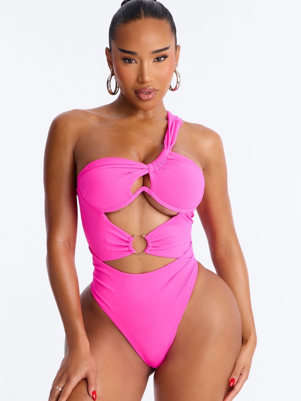 Fashion Nova One-Shoulder Cutout One-Piece Bodysuit - Hot Pink
